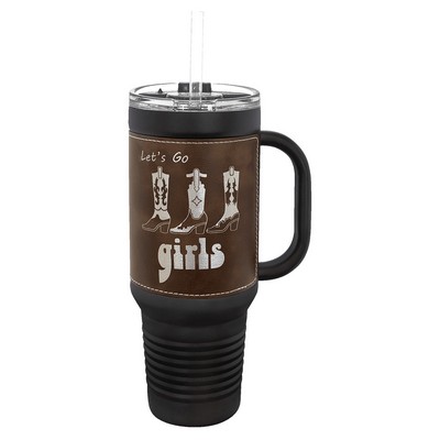 Polar Camel 40 oz. Black with Rustic/Silver Laserable Leatherette Travel Mug with Handle & Straw