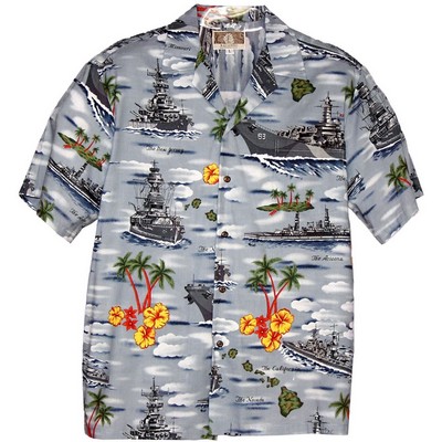 Light Blue Hawaiian Tropical Military Print Shirt - Navy Ships Circa WWii