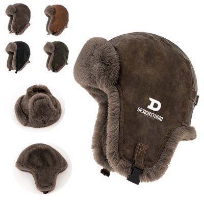 Winter New Leather Hat Thickened Warm Plush Solid Color Windproof Riding Ear protection Cap