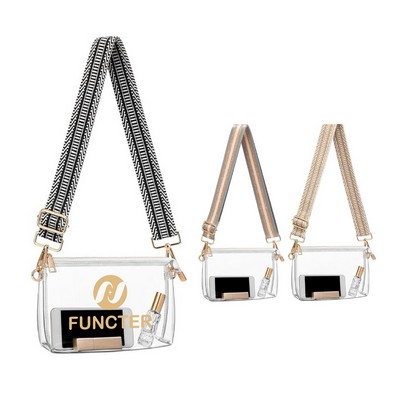 Clear PVC Stadium-Approved Crossbody Bag With Patterned Webbing Strap