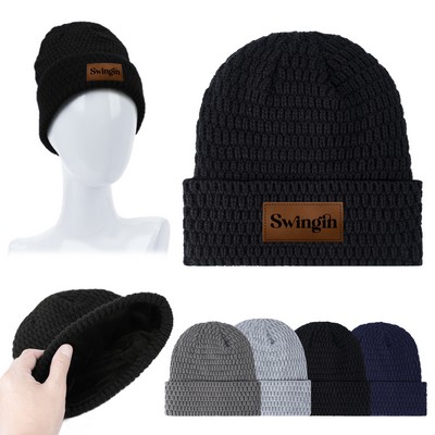 Fleece Lined Knit Beanie With Custom Leather Patch