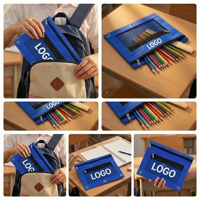 Double Zippers Binder Pencil Pouches with Mesh Window