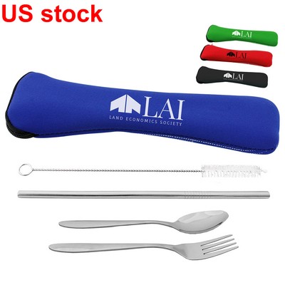 Stainless Steel Reusable Travel Flatware Utensil Straw Set in Zipper Neoprene Pouch