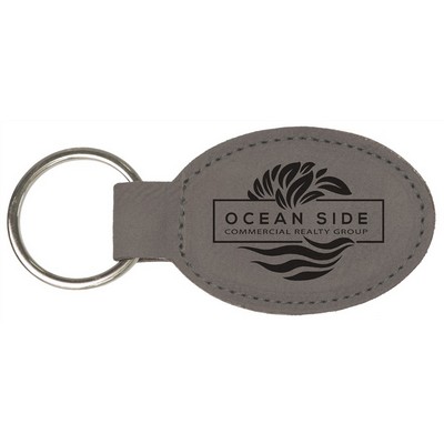 3" x 1 3/4" Gray Leatherette Oval Keychain