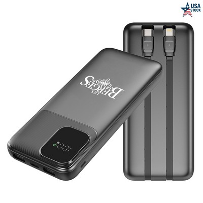 Portable 10000mAh Charger with Digital Display & Built-In Dual Charging Cables