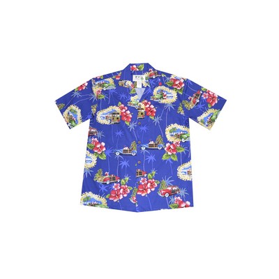Navy Blue Christmas Hawaiian Cotton Poplin Shirt w/ Button Front & Short Sleeves