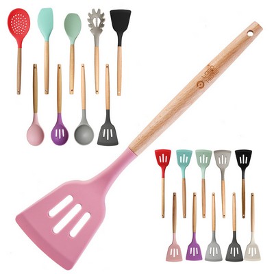 Wooden Handle Silicon Kitchen Utensils Slotted Turner