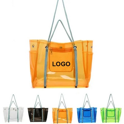 Heavy Duty PVC Water Resistan Large Capicity Shoulder Clear Tote Bag w/Inner Zipper Pouch