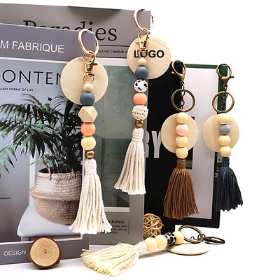 Wood Bead Keychain Round Slice Tassel Charm DIY Customizable Pendant