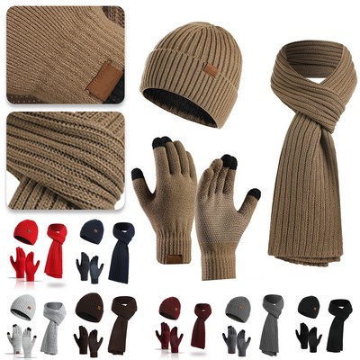 Winter Beanie Hat + Scarf + Touch Screen Gloves Set