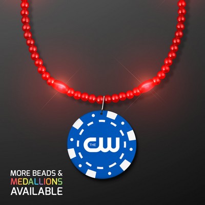 Red LED Bead Necklace with Blue Poker Chip Medallion - PRINTED
