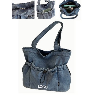 14.5 X 12 Inch Denim Spacious Magnetic Snap Drawstring Tote
