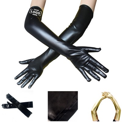 Women Metallic Satin Long Cosplay Gloves Formal Party Stage Performance