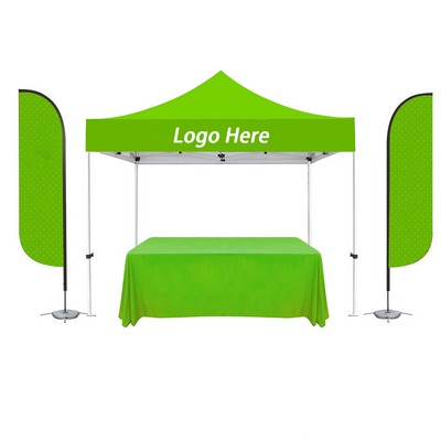 10' x 10' Heavy-Duty Steel Canopy, Dye-Sublimated Canopy, 11' Feather Flags, & 6' Table Cover