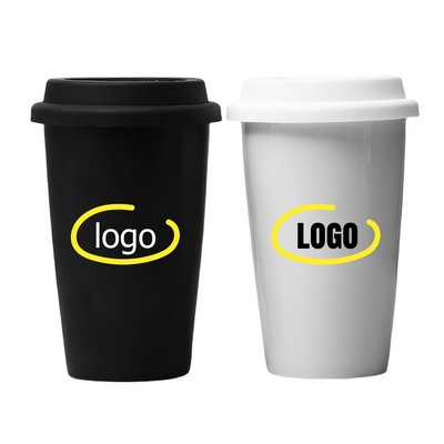 11oz Double-Layer Ceramic Coffee mug with Silicone Lid