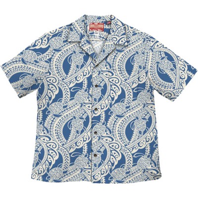 100% Cotton Poplin Blue Hawaiian Shirt w/ Coconut Buttons & Short Sleeves