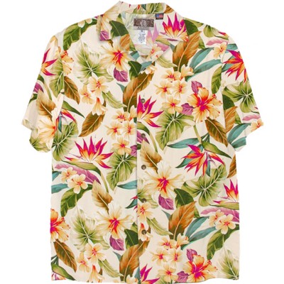 Soft & Supple Silky Rayon Tropical Print Cream White Hawaiian Shirt w/Genuine Coconut Buttons