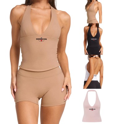 V-Neck Halter Neck Quick-Dry Sports Bra with Removable Pads