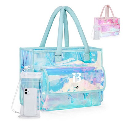 Holographic PVC Waterproof Beach Tote Bag w/ Phone Pouch