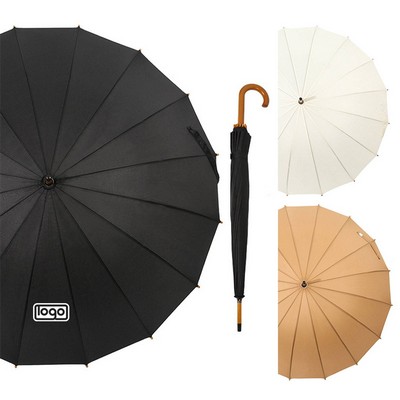 16 Rib Auto Open Wooden Handle Windproof Umbrella