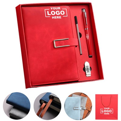 PU Soft Leather Business Notebook Gift Box Set With Signature Pen And USB Flash Drive