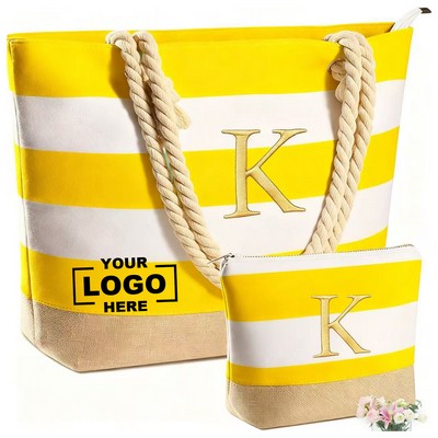 Waterproof Striped Cotton Rope Handle Beach Tote Bag