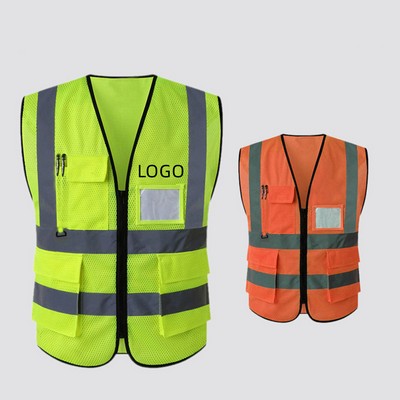 High Visibility Reflective Safety Vest with Pockets and Zipper
