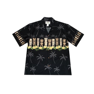 Black Hawaiian Border Print Cotton Poplin Shirt w/ Button Front
