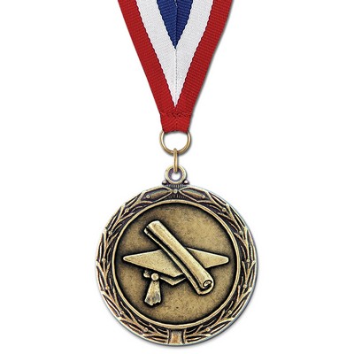 2¼" Graduation LX Medal w/Red/White/Blue or Year Grosgrain Neck Ribbon