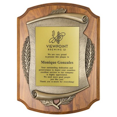 Genuine Walnut Shield Plaque w/Metal Casting Matte Gold Plate (11" x 15")