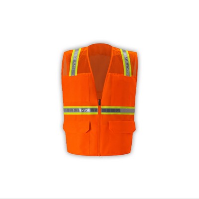 High Visibility Multi-pocket Safety Vest, Orange, Mesh Upper Solid Lower