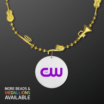 Gold Jazz Instruments Mardi Gras Beads with White Medallion - PRINTED