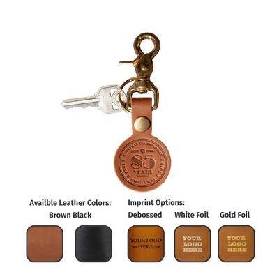 Round Full-Grain Leather Keychain w/Brass Scissor Clip and key ring- Made in USA