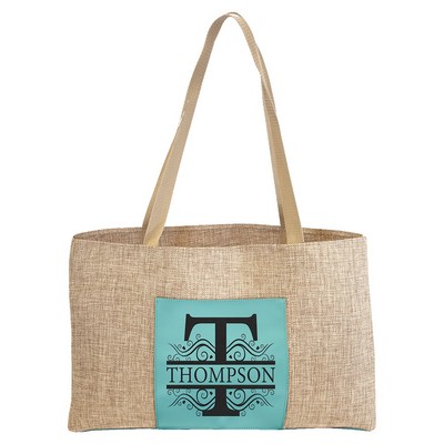 19" x 12" Burlap Bag with 5" Teal Leatherette Gusset