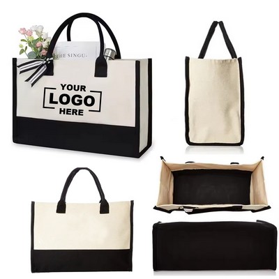 Custom Two-Tone Canvas Cotton Beach Tote: Personalized Chic Gift Bag for Women.