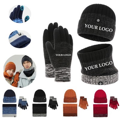 Winter Knit Hat Warmer Scarf Touchscreen Gloves Set
