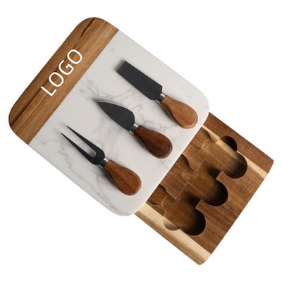 White Marble and Acacia Wood Cutting Board with 3 pcs Knife Set