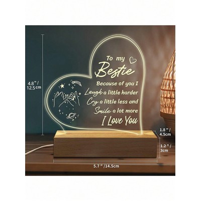 Custom Heart Shape Transparent Acrylic LED Night Light Light Up Sign With Wood Base