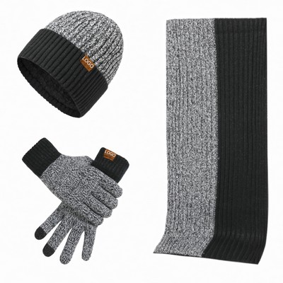 Two-Tone Winter Warm Beanie Gloves Set W/ Long Scarf