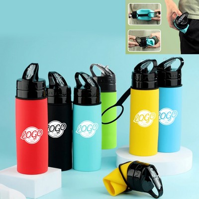 15 Oz Folding Silicone Water Bottle with Strap and Straw