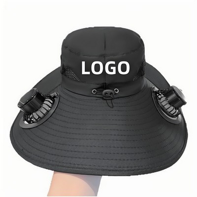 Unisex UPF 50 Wide Brim Sun Hat USB Fishing Cap w/Built in 2 Solar Fans