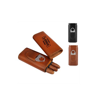 Leather Cigar Case With Stainless Steel Cutter