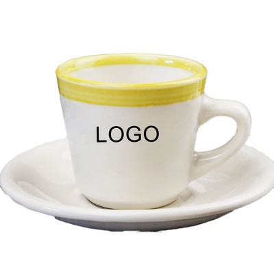 7Oz Ceramics Cup And Saucer Sets W/ Blue Rim