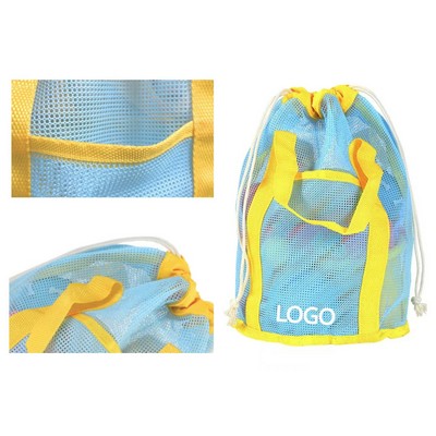 Color-Blocking Nylonmesh Drawstring Handle Beach Bucket Bag