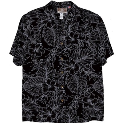 Soft & Supple Silky Rayon Black/White Tropical Print Hawaiian Shirt w/Genuine Coconut Buttons