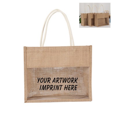Burlap Gifts Tote Bag With PVC Window