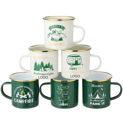 Metal Enamel Mug with Distressed Design Gold Stainless Steel Rim Durable Anti Fall Cup 12 Oz.