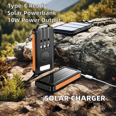 Wireless Solar Power Bank With Built-in Cable 10000mAh