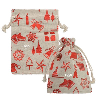 Cotton Linen Drawstring Pouches With Foil Printed Holiday Pattern
