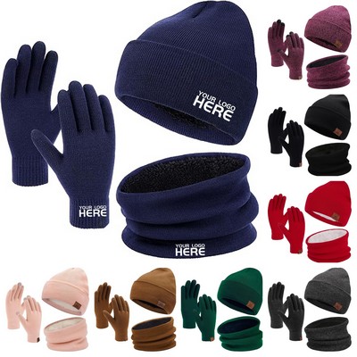 Winter Beanie Hat Scarf Touchscreen Gloves Set